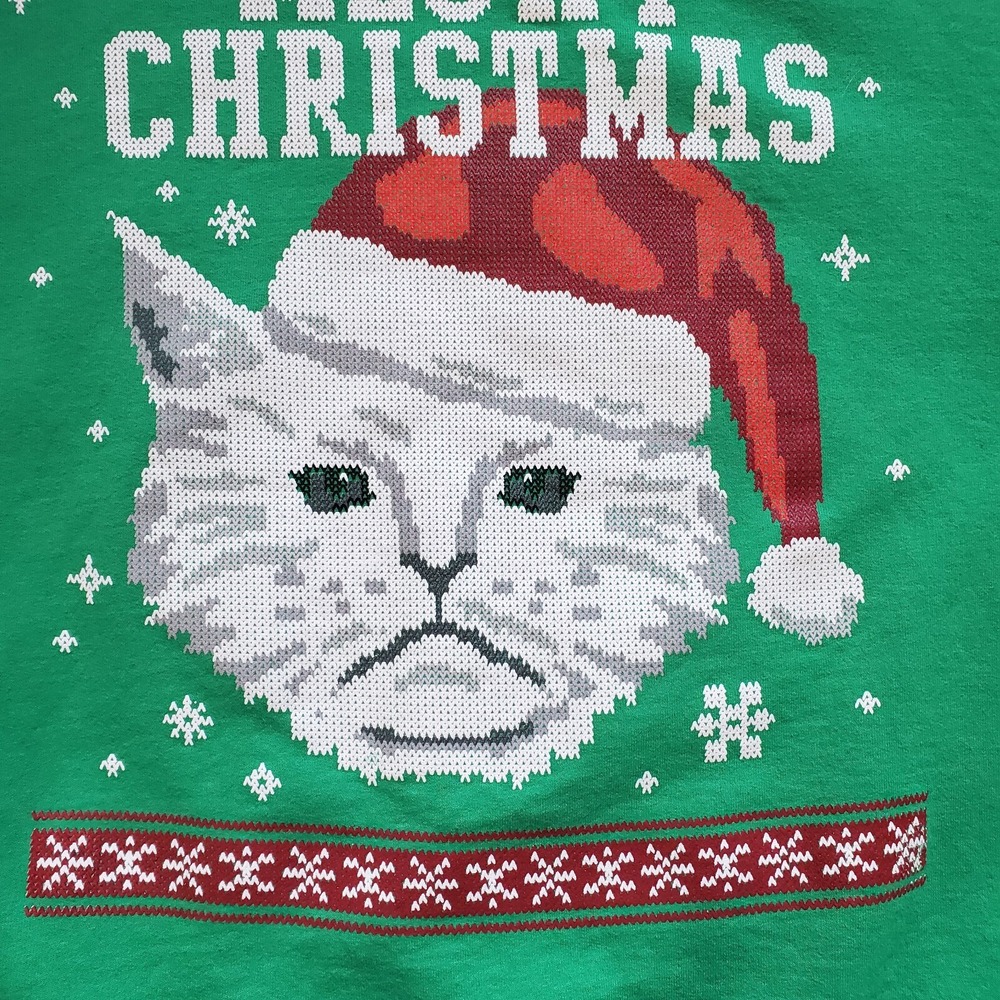 Meowy Christmas Cat Ugly Sweatshirt Unisex Crewneck Size 2XL Green Santa Hat - Picture 4 of 11